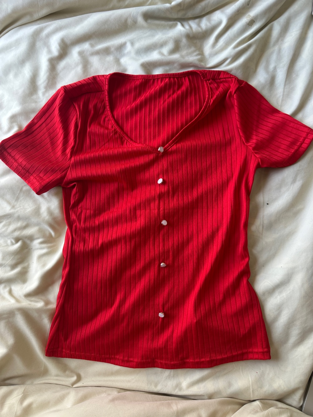 Red Ribbed Button Front Top